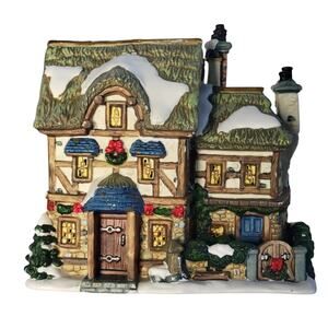 Vintage Christmas Village Tudor House – Snowy Roof & Holiday Wreaths
